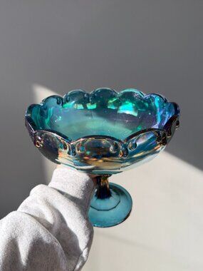 Vintage Glass Blue Carnival Iridescent Pedestal Bowl
